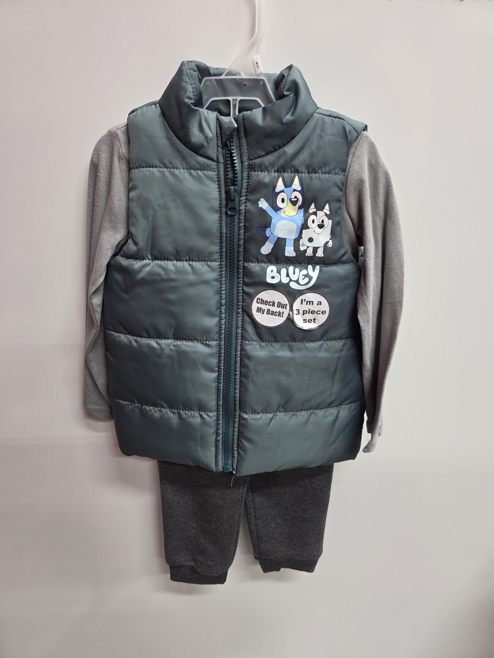 Boys 3 Pc Bluey Puffer Vest & Grey Sleeve Set - Teal & Grey